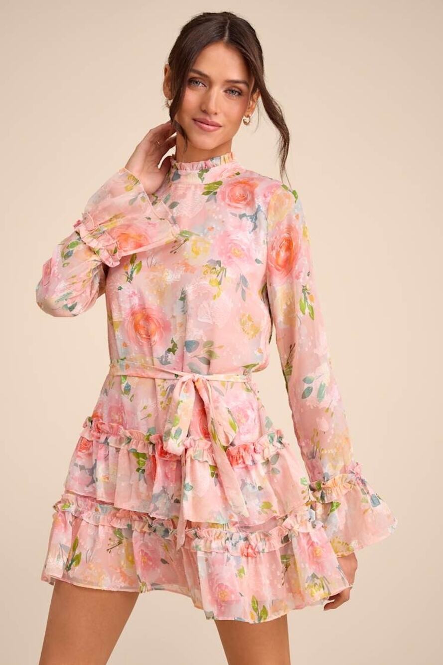 New Lulus Lenna Light Pink Multi Floral Ruffled Mini Dress Size XS MSRP $79